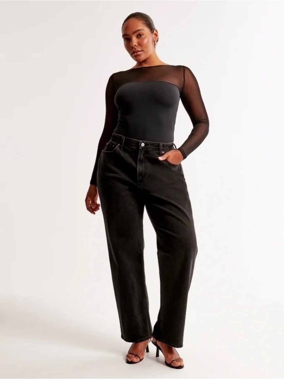 Abercrombie & Fitch Black Sheer-Yoke Long Sleeve Bodysuit - Picture 2 of 7
